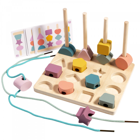 Sortare și stivuire - Set Montessori din Lemn pentru Potrivirea Formelor și Activități cu Șiret