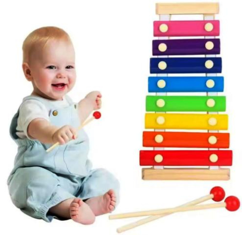 Instrumente muzicale - Xilofon din lemn pentru copii – 8 note muzicale, lamele colorate, ciocănele incluse