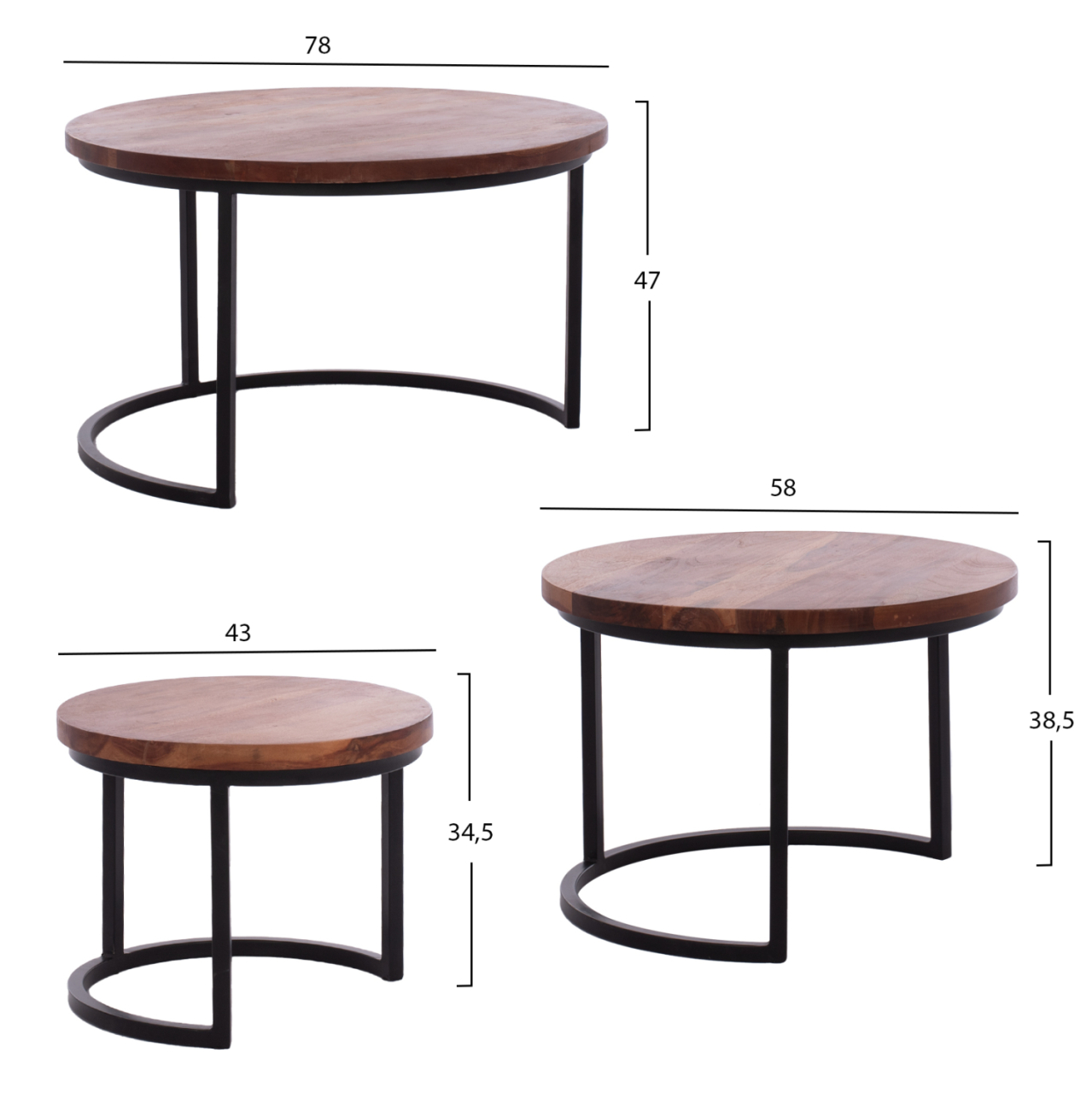 3 NESTING TABLES OBI HM9255 ACACIA WOOD WITH METAL BLACK LEGS 78x78x47H CM. [2]
