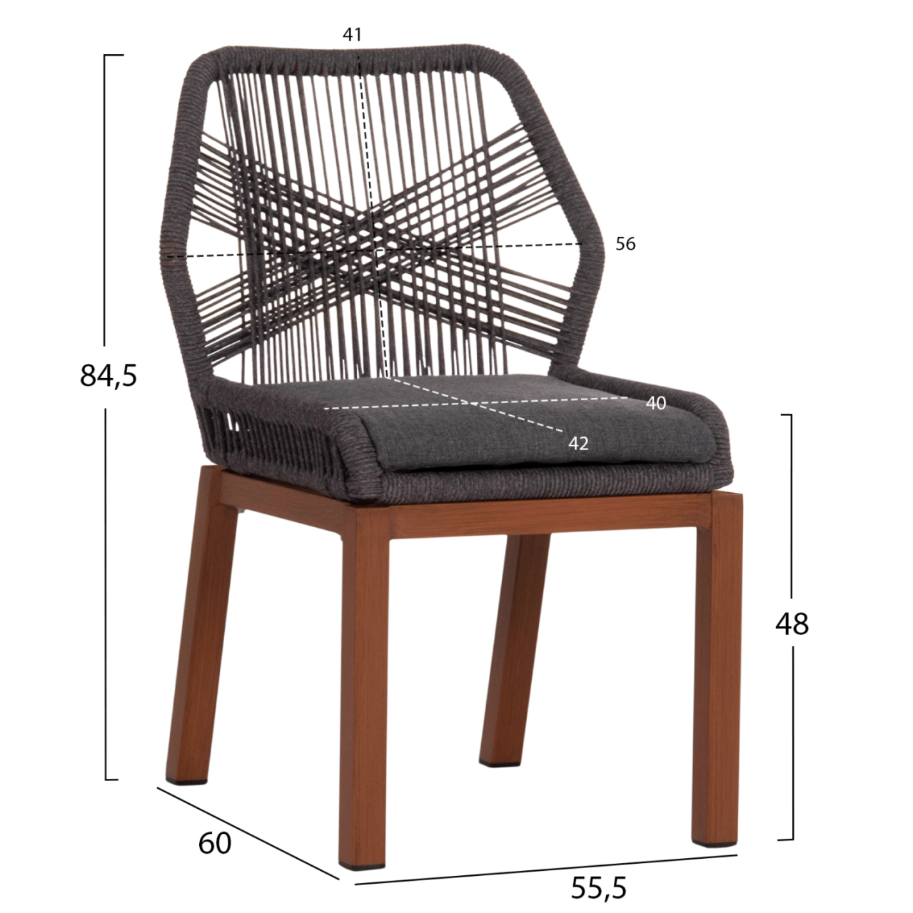 ALUMINUM DINING CHAIR HOWARD HM5547.11 BROWN COLOR--ROPE and CUSHION IN DARK GREY 55.5x60x84.5Hcm. [2]