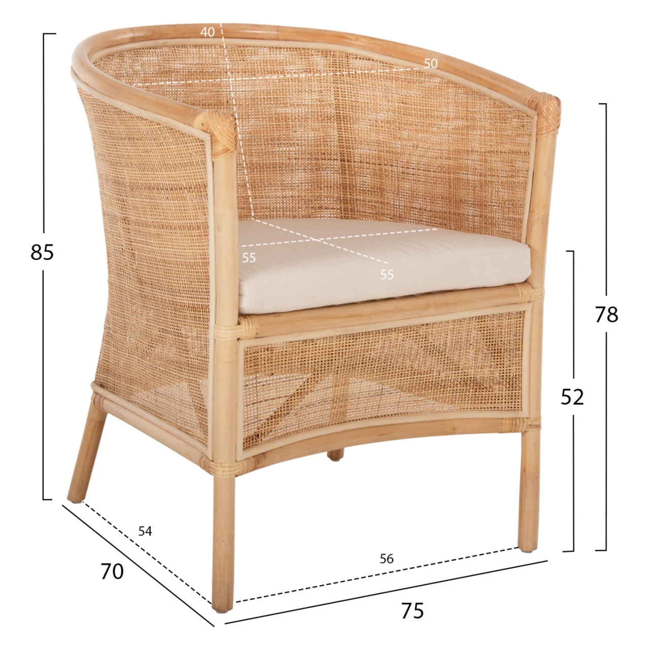 ARMCHAIR APRON HM9818 PERFORATED RATTAN IN NATURAL-WHITE CUSHION--B'RATED 75x70x85Hcm. [2]