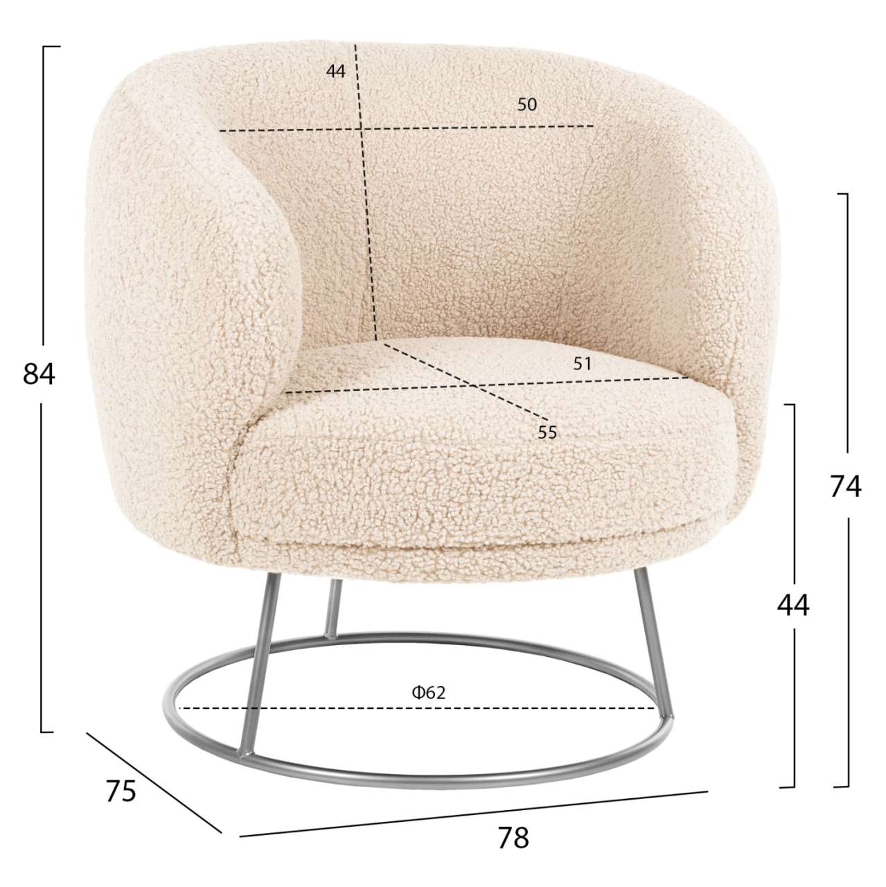 ARMCHAIR ARIEN HM8403.23 BOUCLE FABRIC IN WHITE-SILVER METAL BASE 78x75x84Hcm. [2]