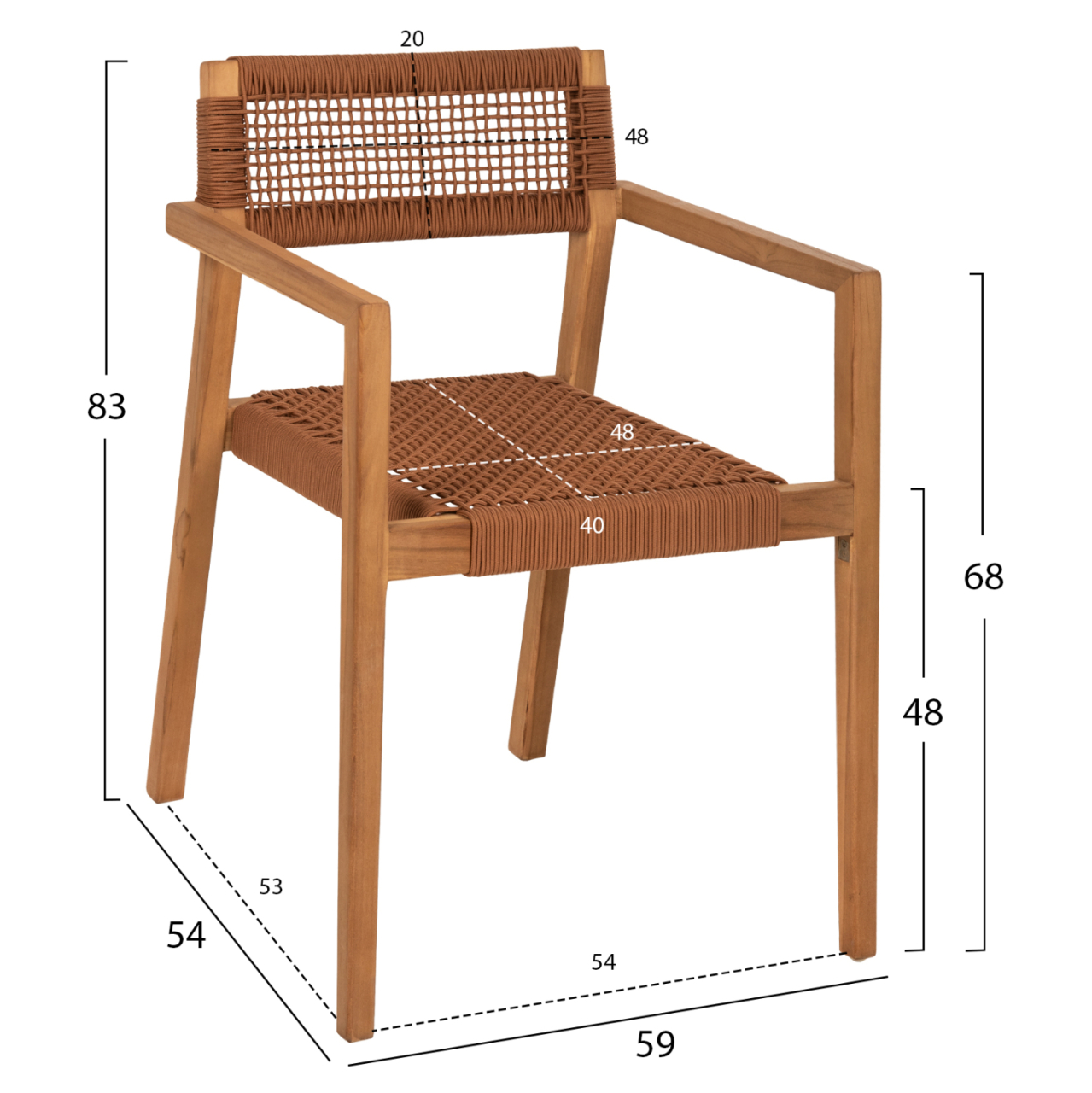 ARMCHAIR CHARLOTTE HM9637.01 TEAK WOOD and BROWN ROPE--B'RATED 59x54x83Hcm. [2]