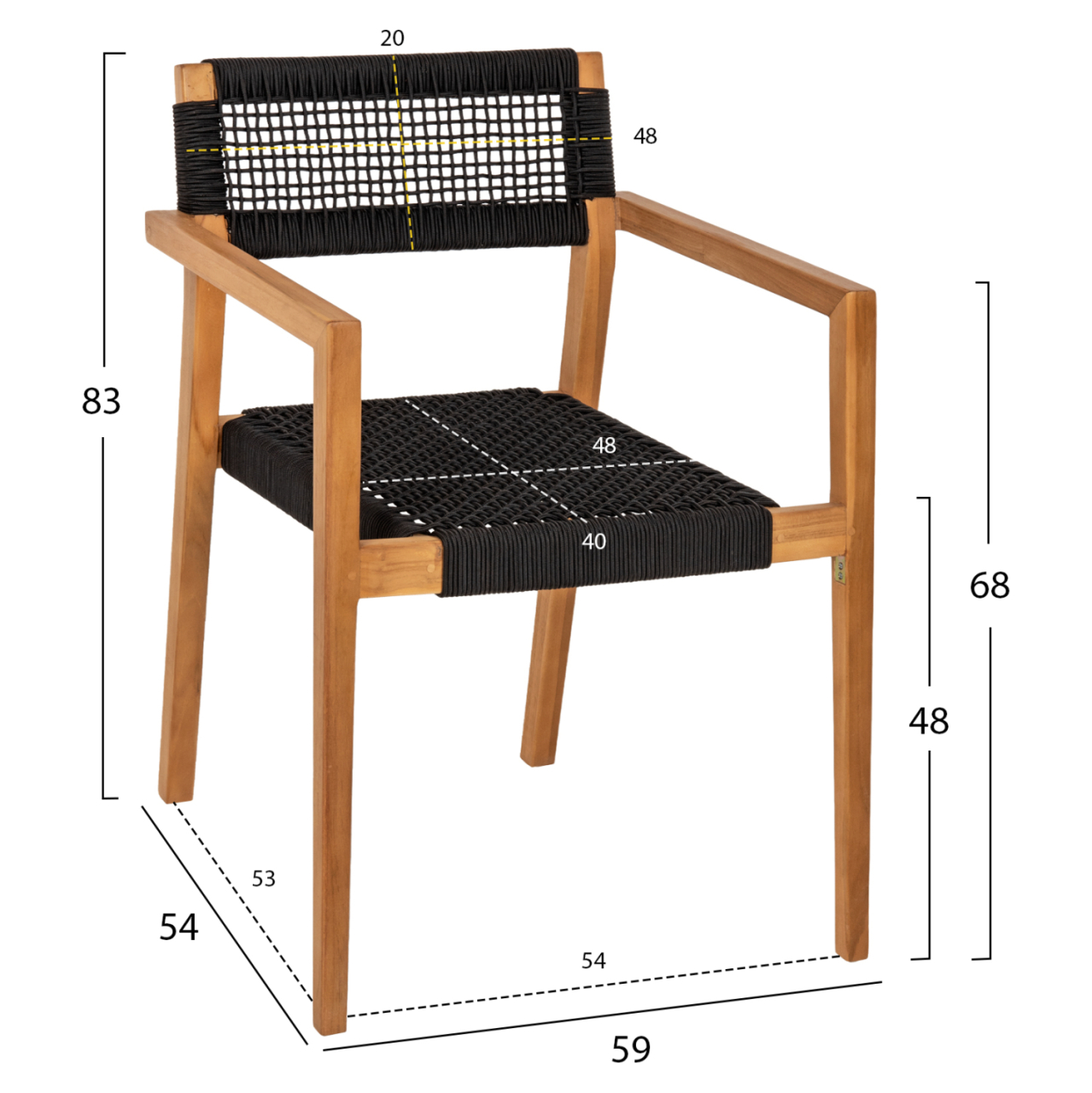 ARMCHAIR CHARLOTTE HM9637.02 TEAK WOOD and BLACK ROPE--B'RATED 59x54x83Hcm. [2]