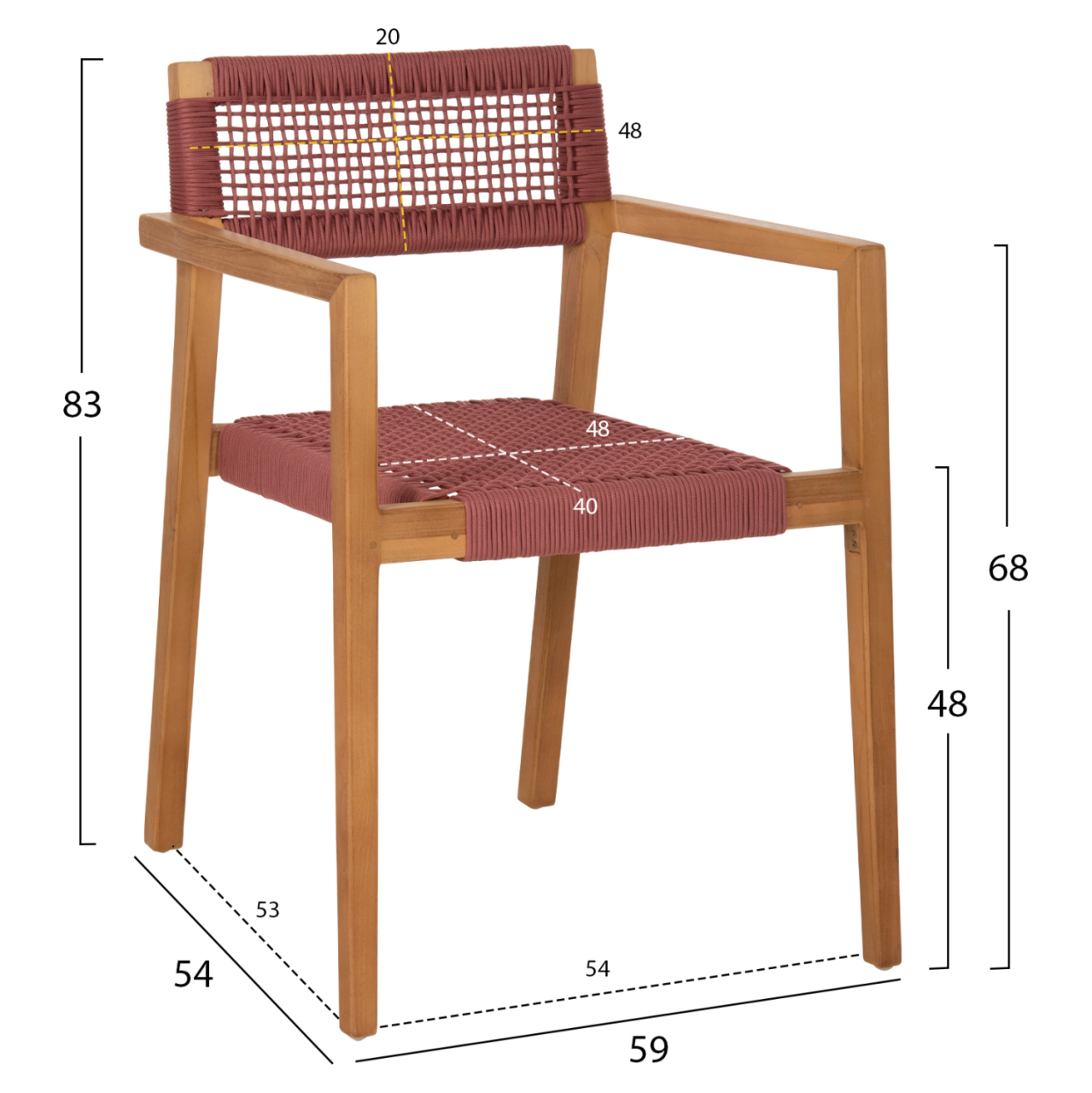ARMCHAIR CHARLOTTE HM9637.06 TEAK WOOD and PINK ROPE--B'RATED 59x54x83Hcm. [2]
