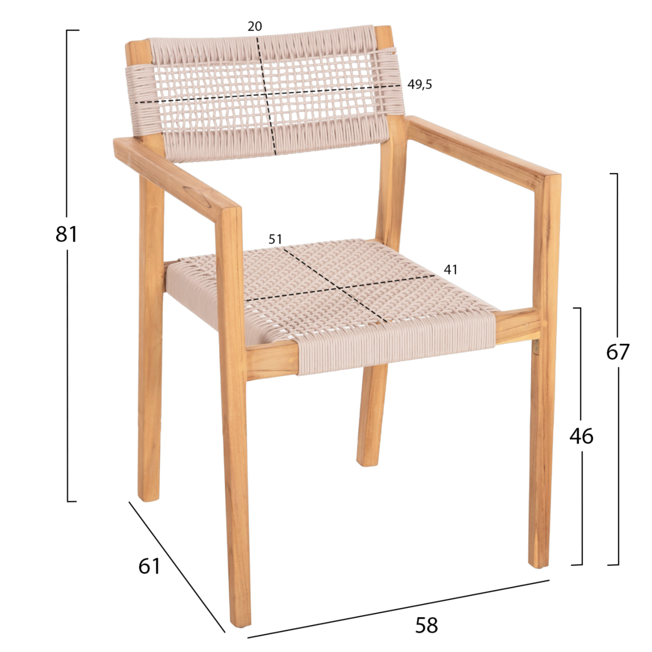 ARMCHAIR CHARLOTTE HM9637.07 TEAK WOOD and BEIGE ROPE--B'RATED 58x61x81Hcm. [2]