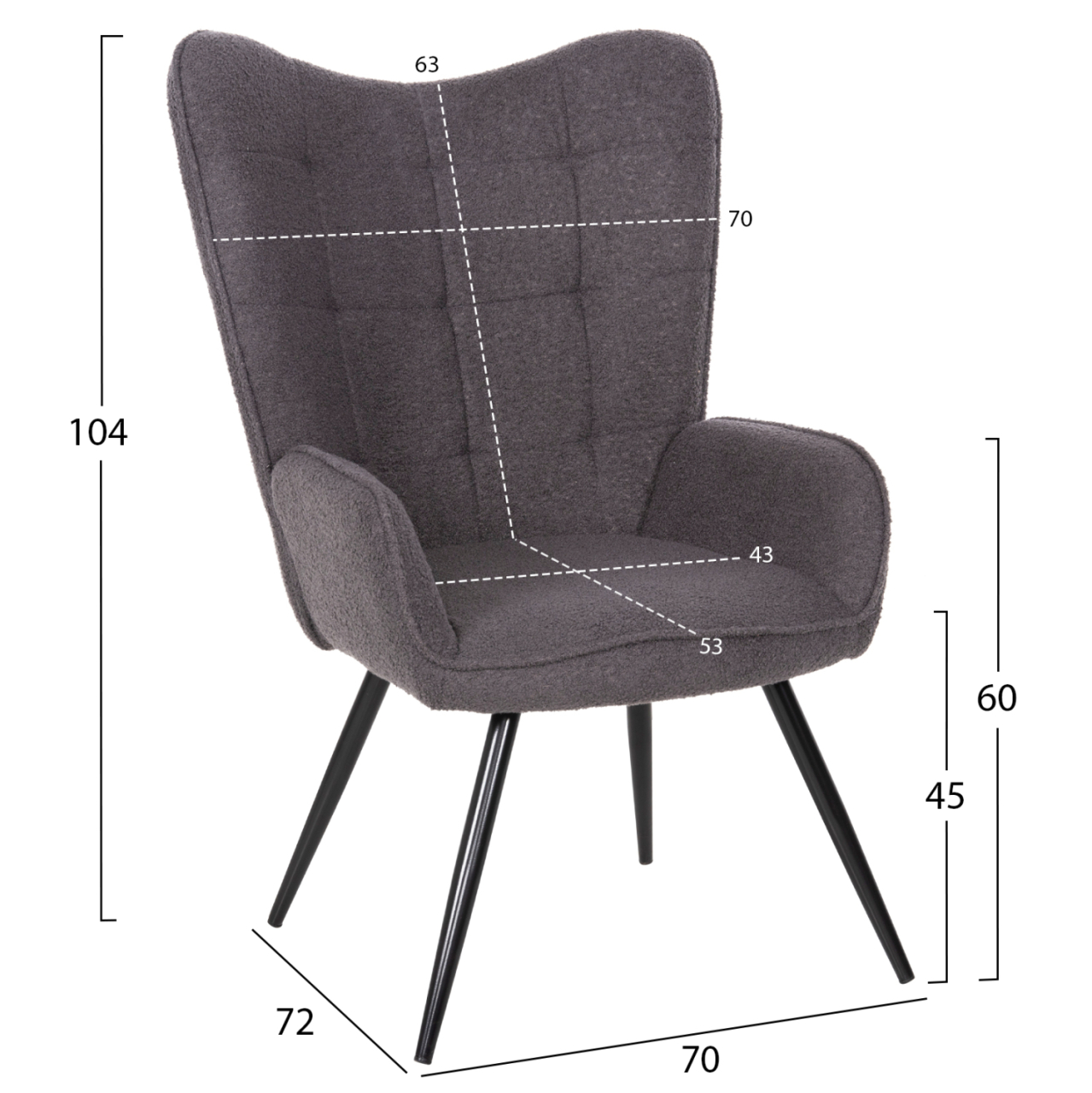 ARMCHAIR CRAWLEY WITH FOOTSTOOL HM8918.21 GREY BOUCLE FABRIC-BLACK METAL LEGS 70x74x105Hcm. [2]