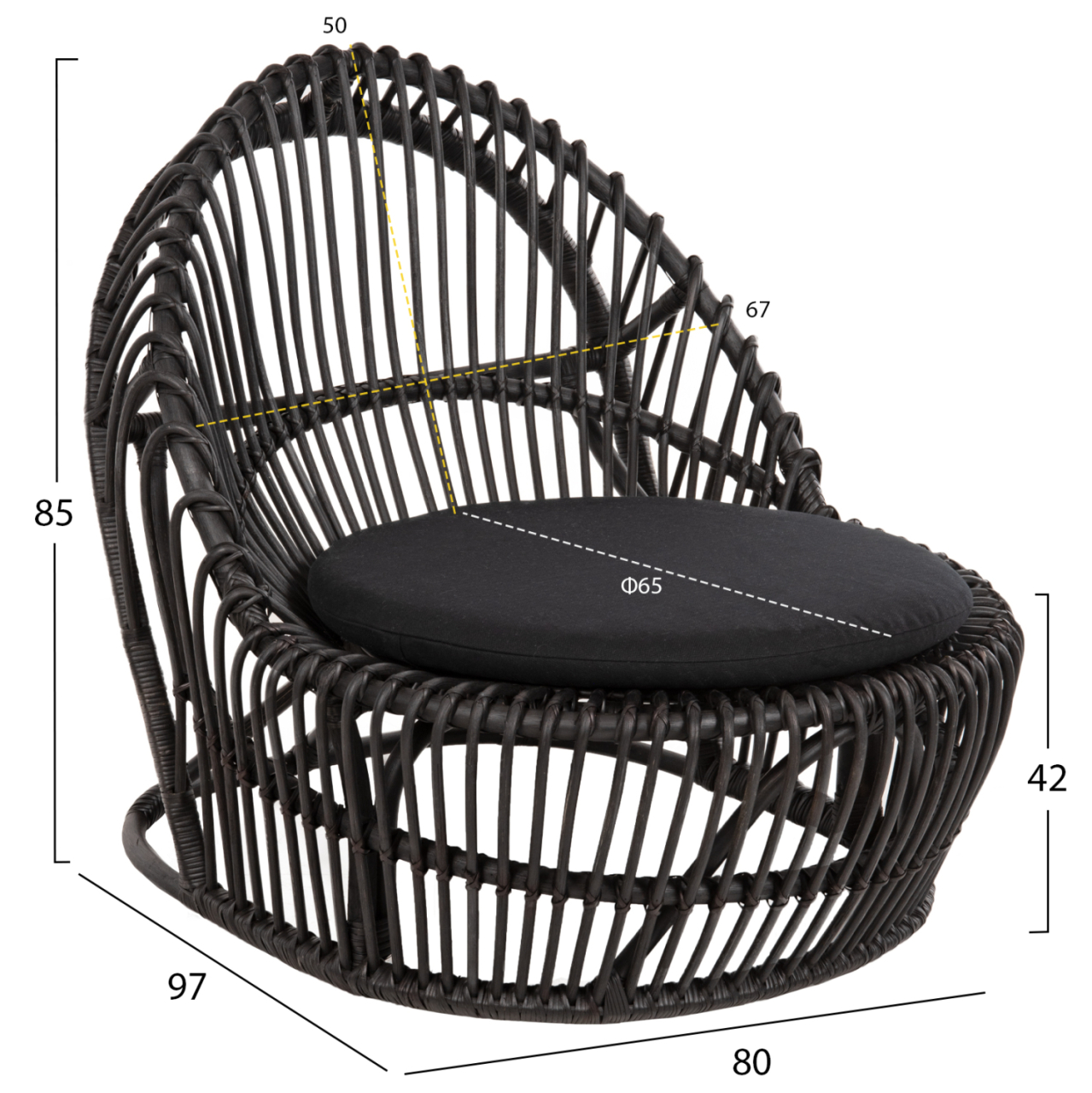 ARMCHAIR ENTROPY HM9840.03 NATURAL POLISHED RATTAN WITH CUSHION-BLACK 80x97x85Hcm. [2]