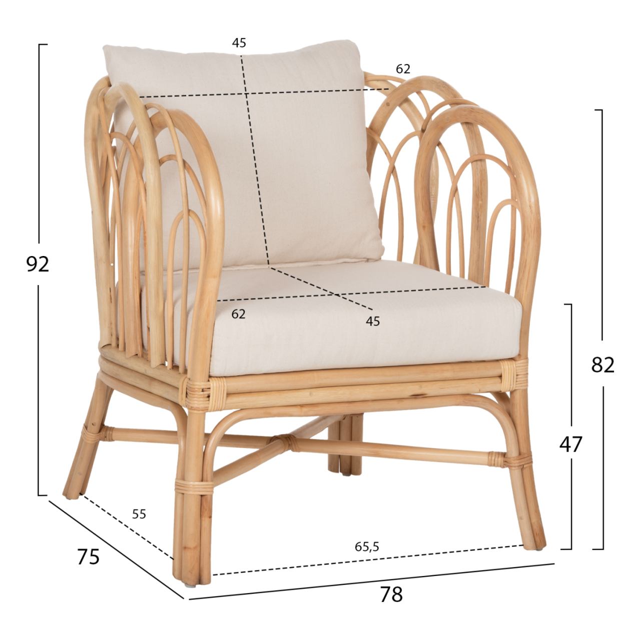 ARMCHAIR ESTOR HM9817 RATTAN IN NATURAL-WHITE CUSHION--B'RATED 78x75x92Hcm. [2]