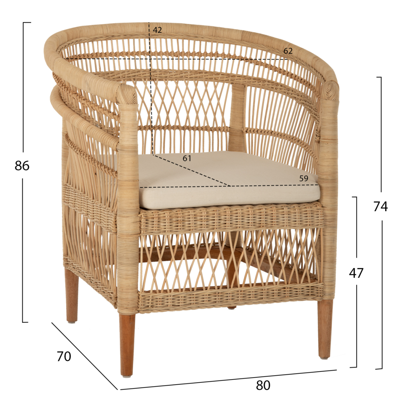 ARMCHAIR MALAWI HM9635.04 MAHOGANY WOOD-RATTAN-WHITE CUSHION 80x70x86Hcm. [2]
