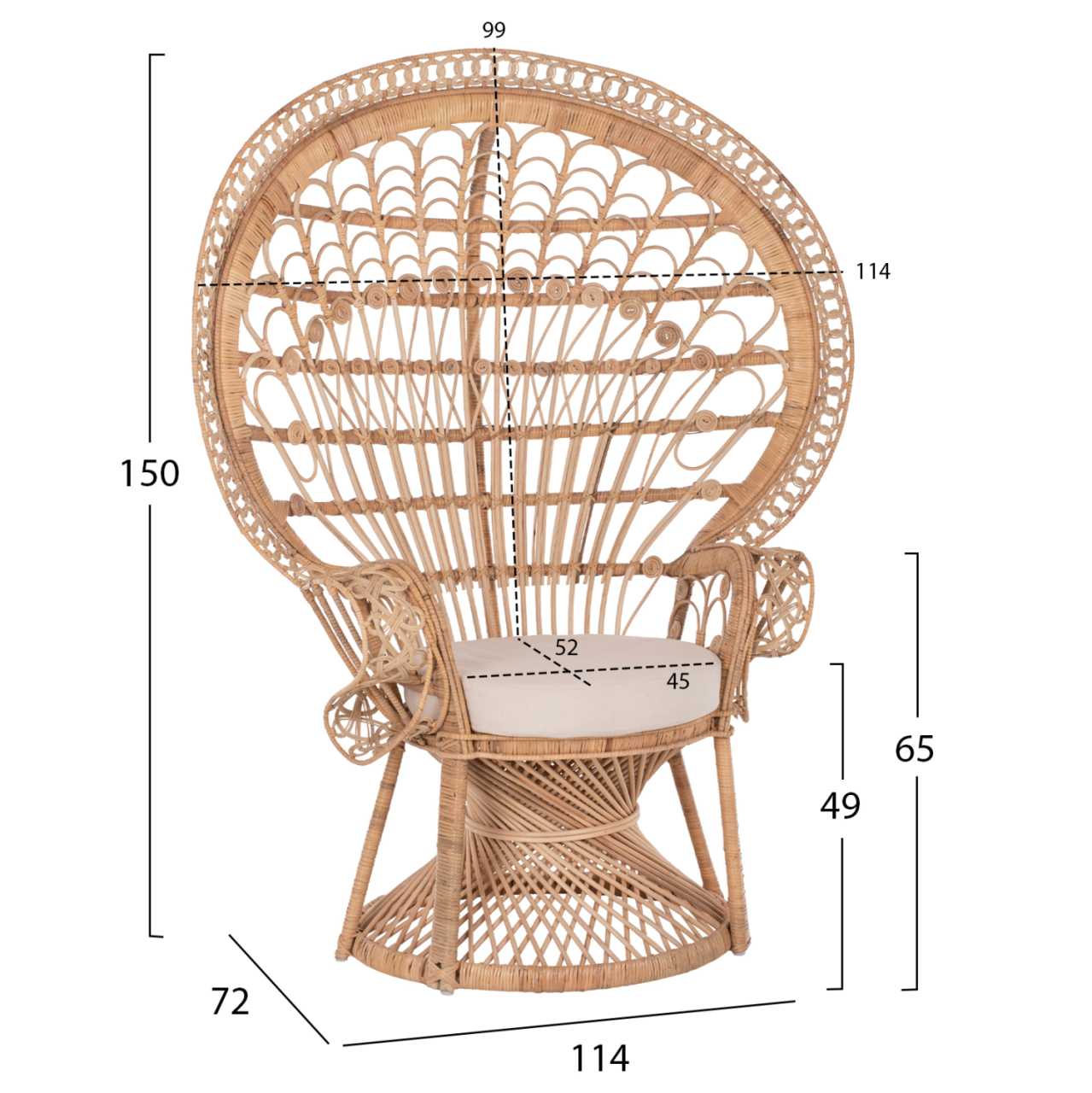 ARMCHAIR ROYAL PEACOCK -B' RATED- HM9342 RATTAN IN NATURAL- CUSHION BEIGE 114x72x150Hcm. [2]