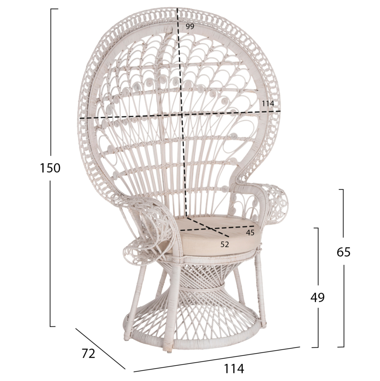 ARMCHAIR ROYAL PEACOCK HM9342.02 RATTAN IN WHITE- CUSHION WHITE 114x72x150Hcm. [2]