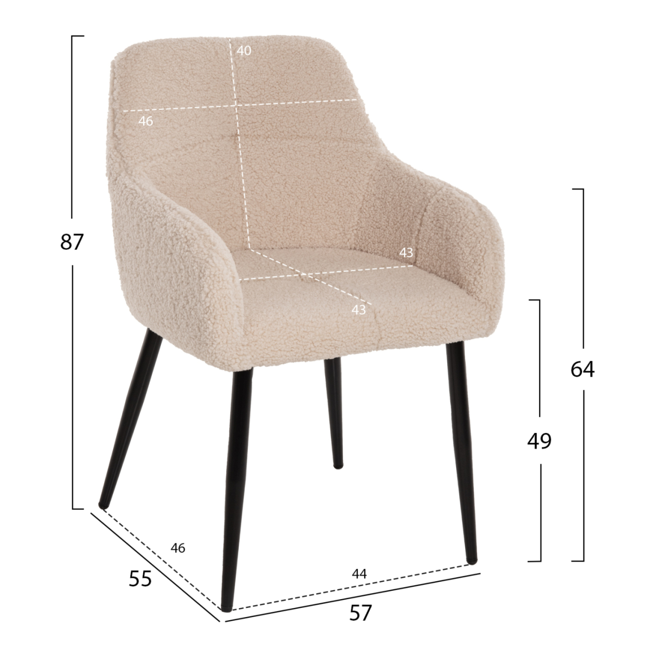 ARMCHAIR SHELLY HM8591.02 TEDDY FABRIC IN WHITE-BLACK METAL LEGS 57x55x87Hcm. [2]