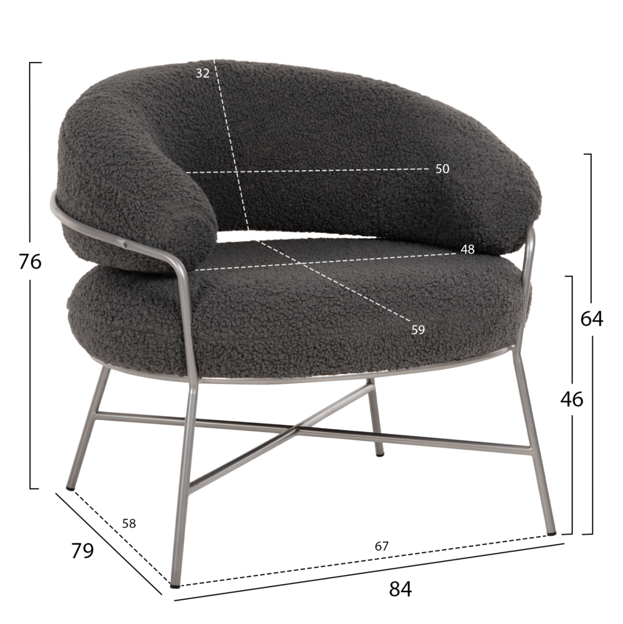 ARMCHAIR TRUDI HM8639.21 GREY BOUCLE FABRIC AND SILVER METAL FRAME 84x79x76Hcm. [2]