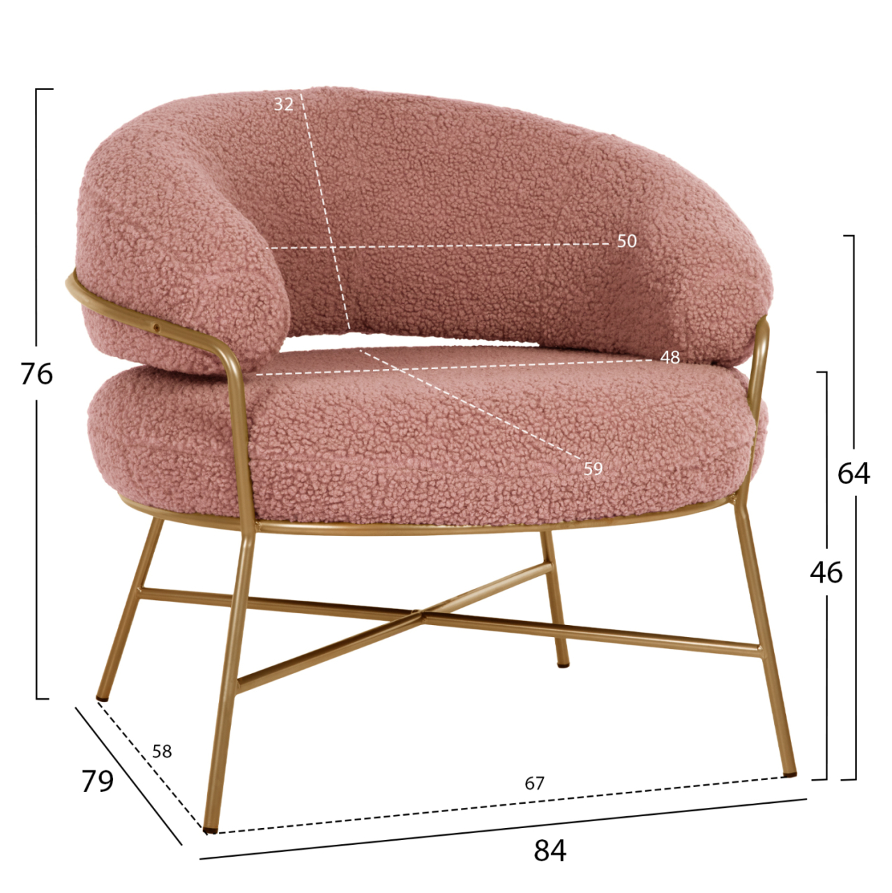 ARMCHAIR TRUDI HM8639.22 DUSTY PINK BOUCLE FABRIC AND GOLD METAL FRAME 84x79x76Hcm. [2]