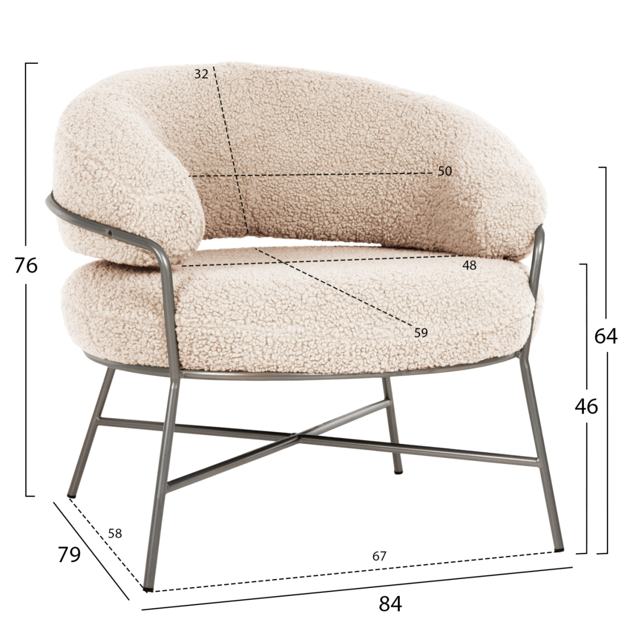 ARMCHAIR TRUDI HM8639.23 WHITE BOUCLE FABRIC AND SILVER METAL FRAME 84x79x76Hcm. [2]