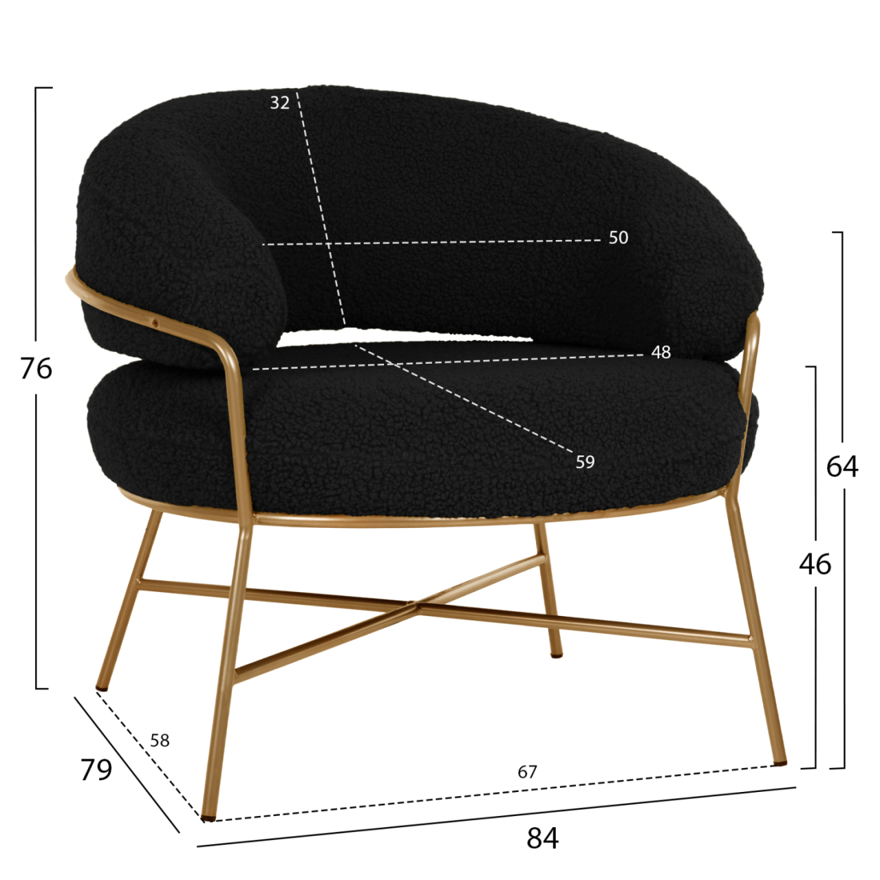 ARMCHAIR TRUDI HM8639.24 BLACK BOUCLE FABRIC AND GOLD METAL FRAME 84x79x76Hcm. [2]