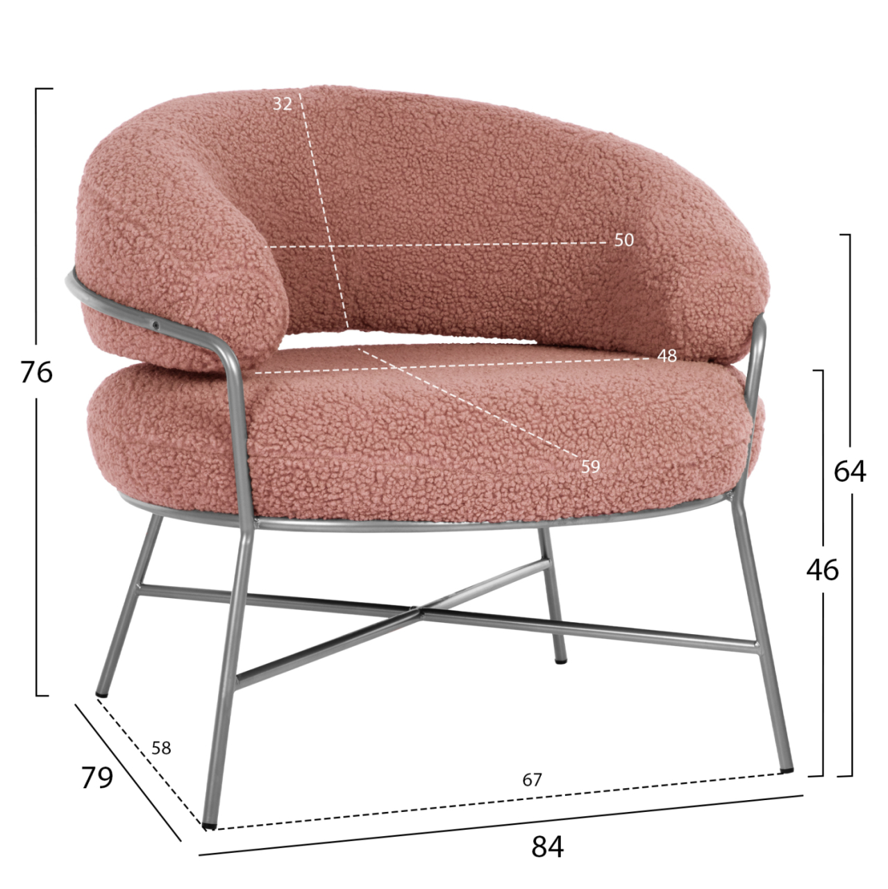 ARMCHAIR TRUDI HM8639.32 DUSTY PINK BOUCLE FABRIC AND SILVER METAL FRAME 84x79x76Hcm. [2]