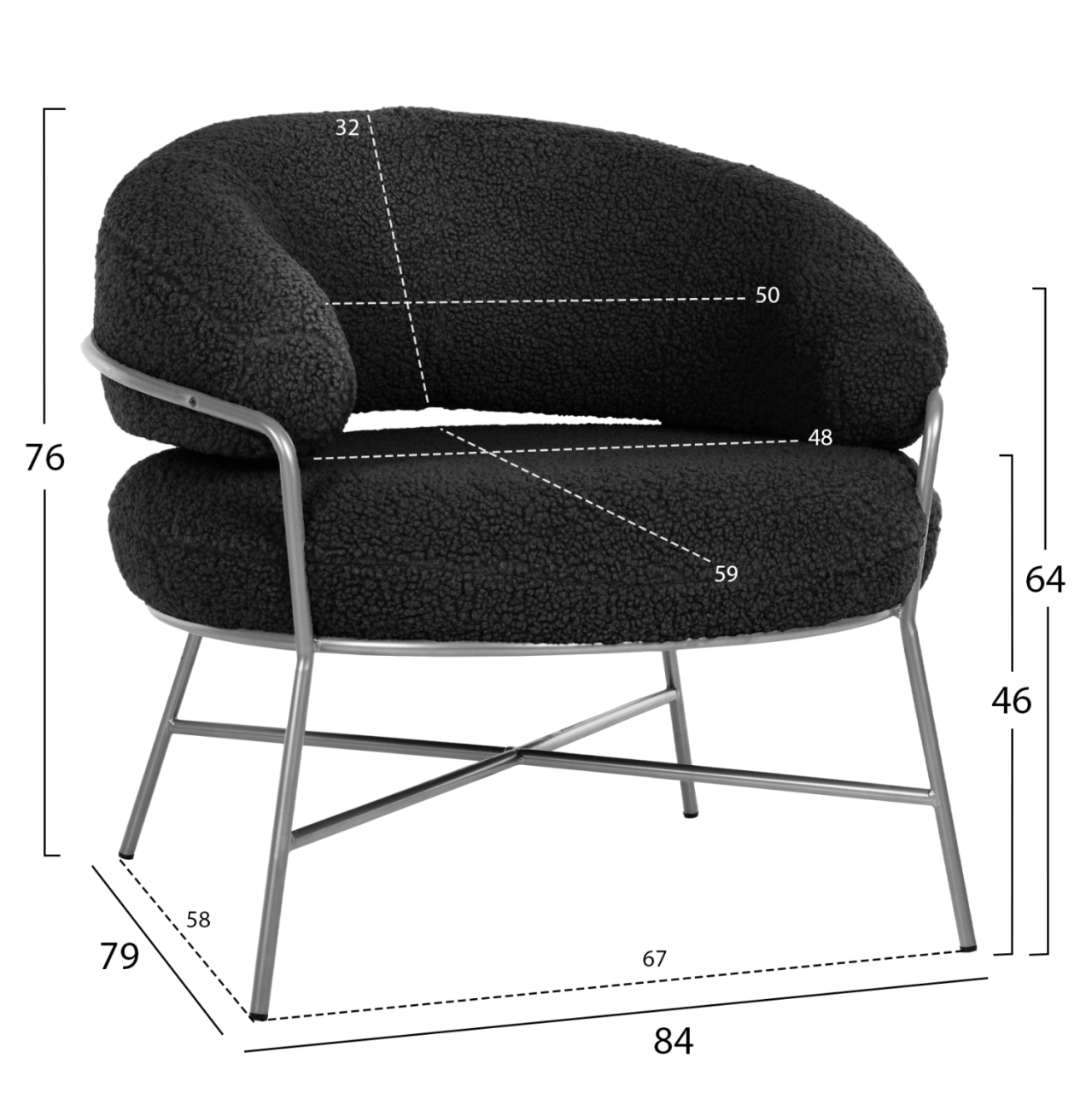ARMCHAIR TRUDI HM8639.34 BLACK BOUCLE FABRIC AND SILVER METAL FRAME 84x79x76Hcm. [2]