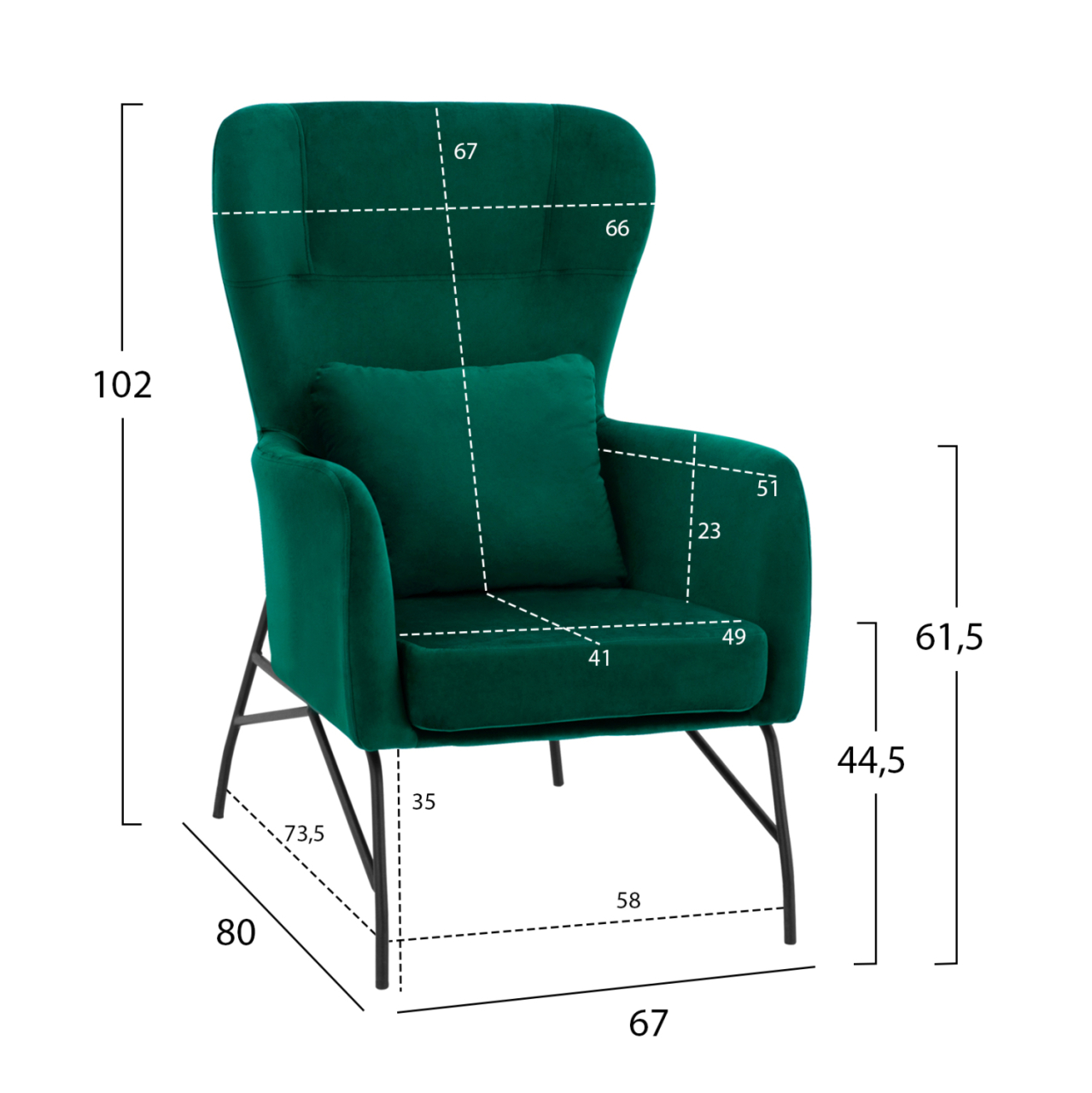 Armchair Velvet Cypress Green with metallic black leg HM8721.03 67x80x102 cm. [2]