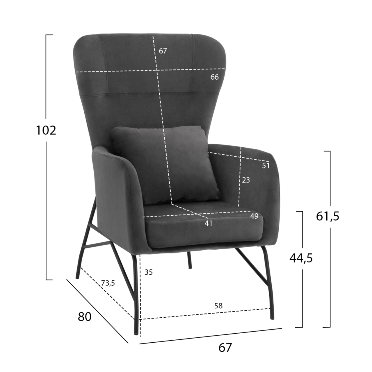 Armchair Velvet Grey with metallic black leg HM8721.01 67x80x102 cm. [2]