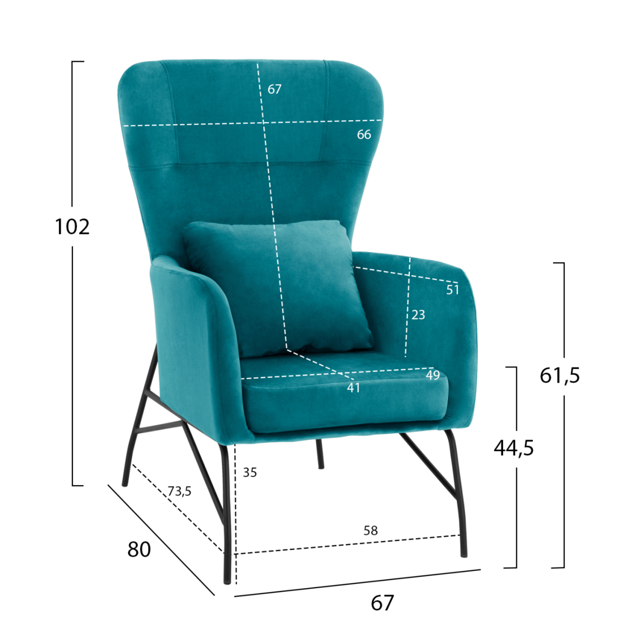 Armchair Velvet Turquoise with metallic black leg HM8721.08 67x80x102 cm. [2]