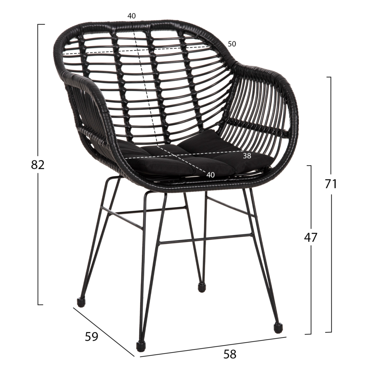 ARMCHAIR WITH SEAT CUSHION METAL FRAME ALLEGRA HM5450.32 BLACK RATTAN IN WICKER 58x59x82H [2]