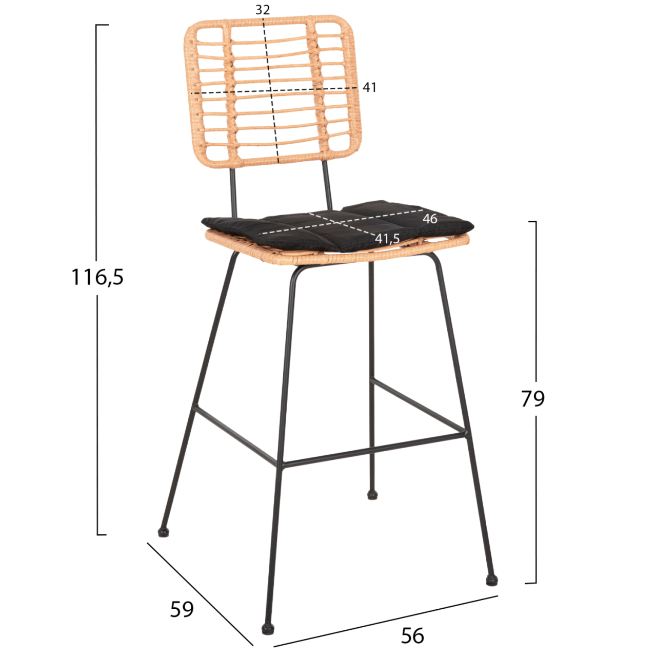 BAR STOOL ALLEGRA HM5455.11 METALandCUSHION BLACK-WICKER BEIGE 56x59x116.5Hcm. [2]