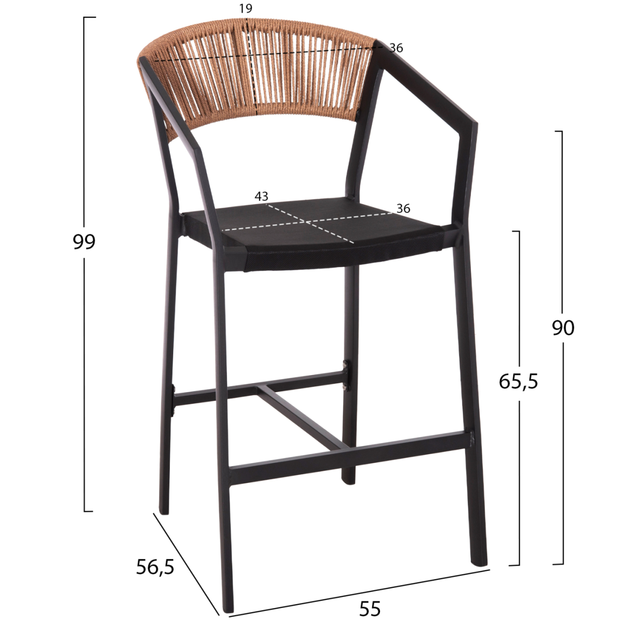 BAR STOOL ALUMINUM BLACK HM5892.15 MED.HEIGHT BLACK TEXTLINEandBEIGE RATTAN 55x56.5x99Hcm. [2]