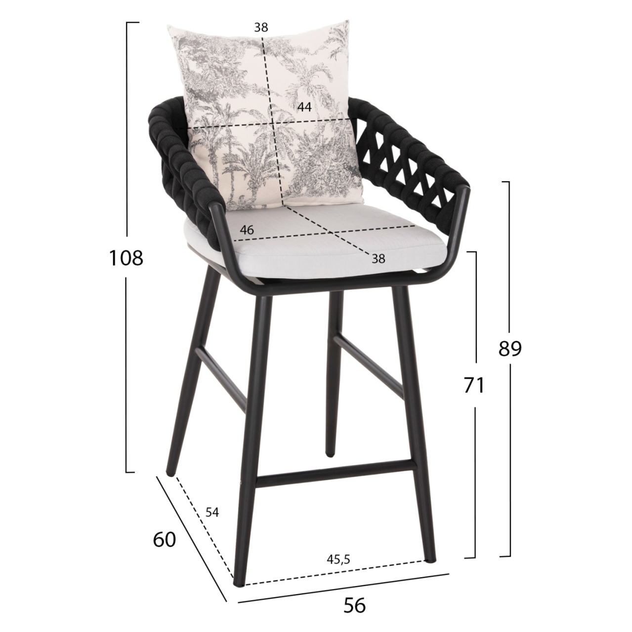 BAR STOOL ALUMINUM CAMDEN HM6142.01 ANTHRACITE WITH ECRU BACK CUSHION WITH PRINT PATTERN 56x60x108Hcm. [2]