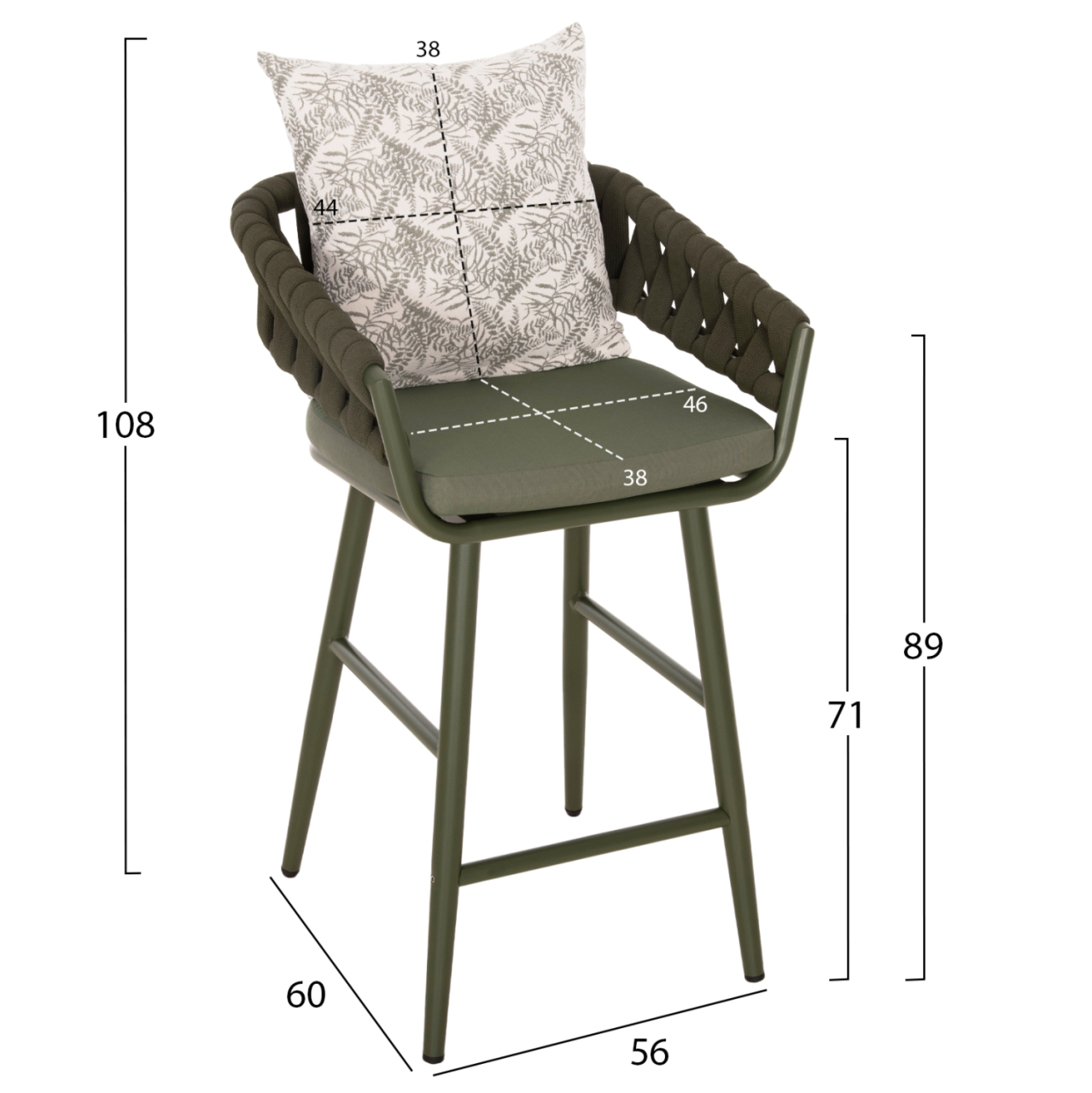 BAR STOOL ALUMINUM CAMDEN HM6142.09 BACK CUSHION WITH PRINT PATTERN-DARK OLIVE 56x60x108Hcm. [2]