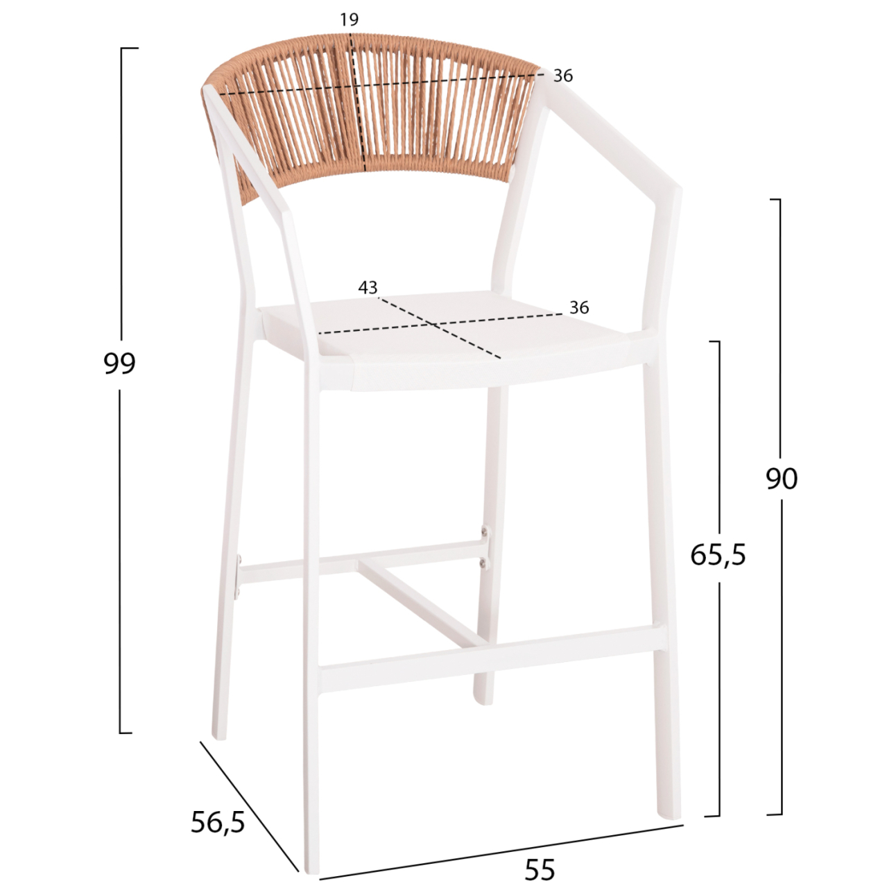 BAR STOOL ALUMINUM WHITE HM5892.12 MEDIUM HEIGHT WITH ARMS-RATTANandTEXTLINE 55x56.5x99H. [2]
