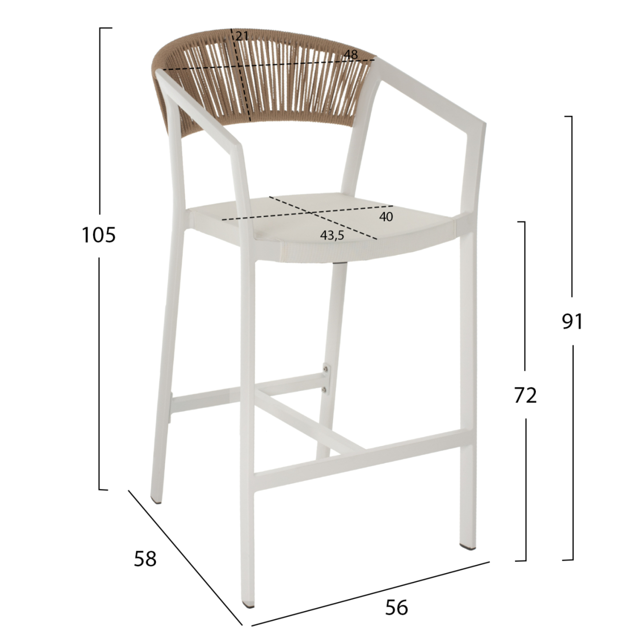 BAR STOOL ALUMINUM WITH ARMS WHITE PE RATTAN BACK TEXTLINE SEAT 56x58x105Hcm.HM5892.02 [2]
