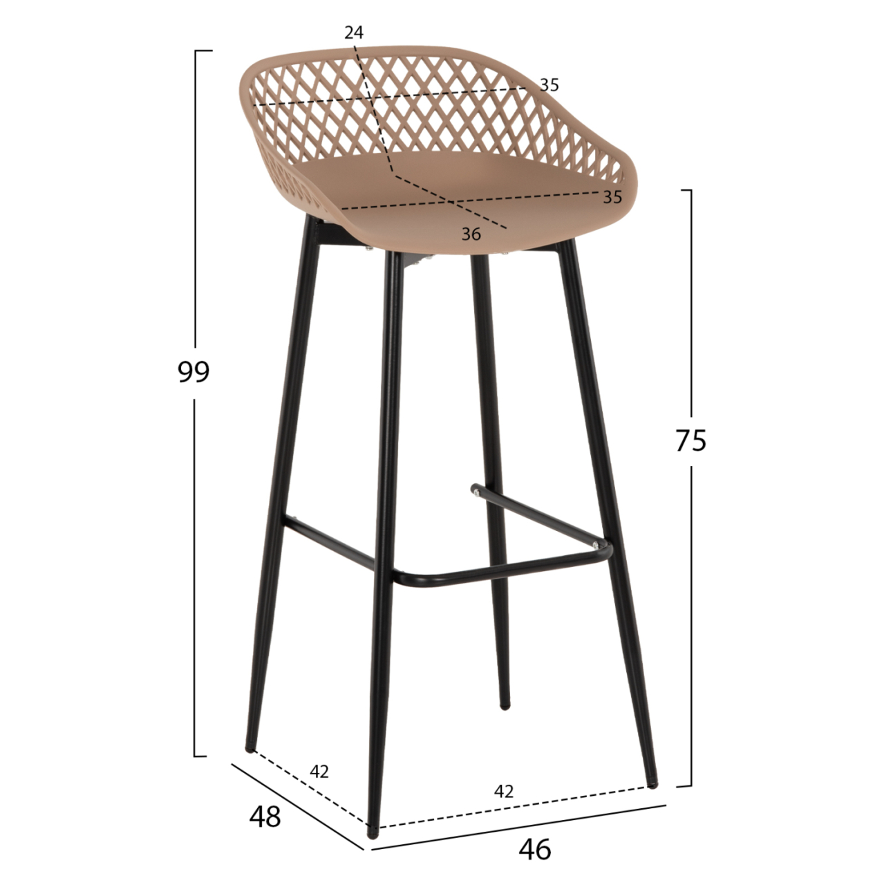 BAR STOOL AVAYA HM8686.13 CAPPUCCINO POLYPROPYLENE-BLACK METAL LEGS 46x48x99Hcm. [2]