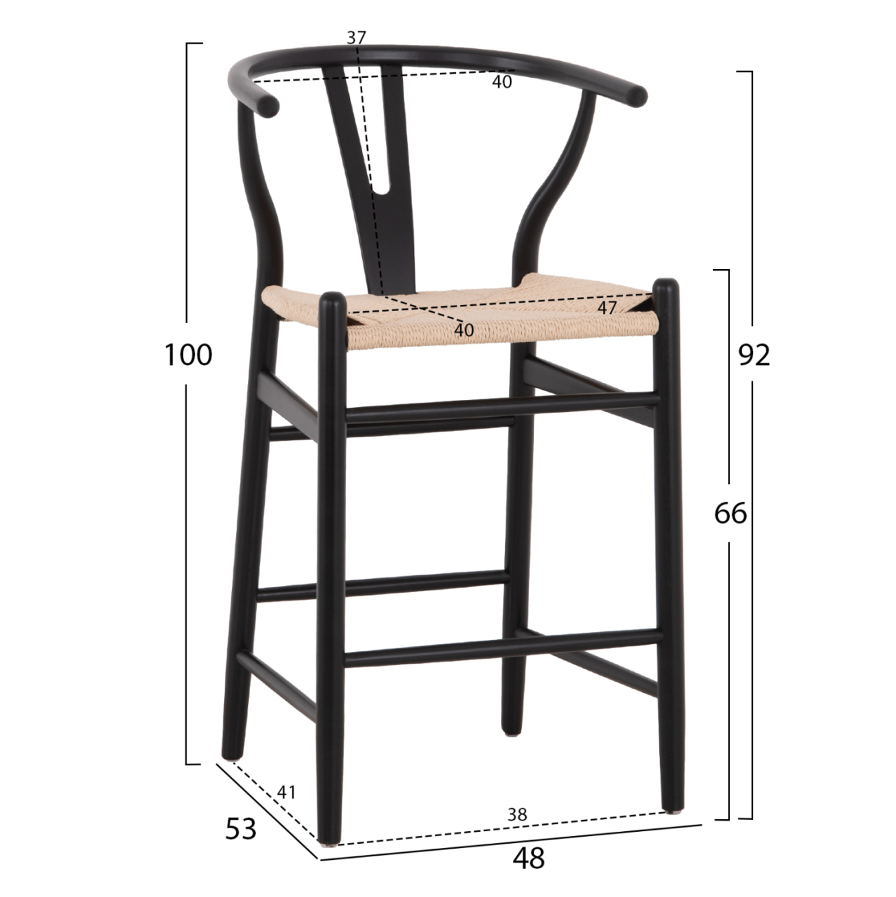 BAR STOOL BRAVE HM9405.02 WITH WISHBONE BACK BEECH WOOD BLACK--WHITE ROPE 48x53x100Hcm. [2]