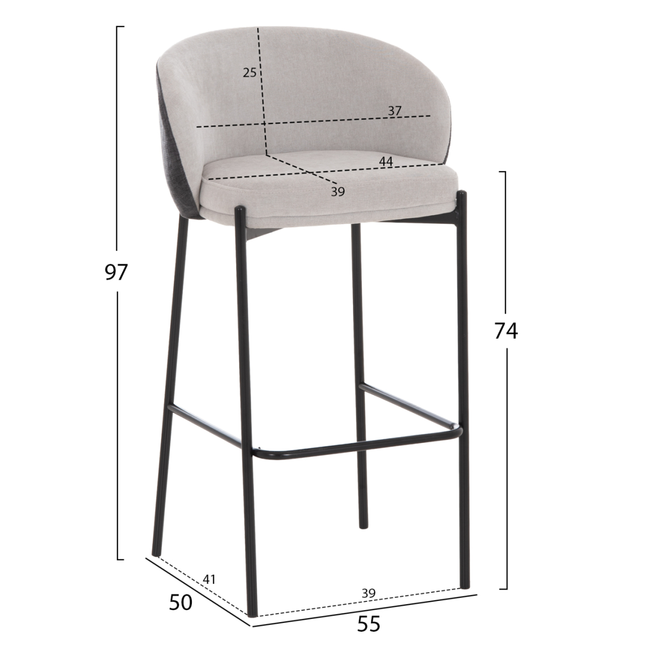 BAR STOOL DETTON HM18430.01 GREY FABRIC--BLACK METAL FRAME 55x50x97Hcm. [2]