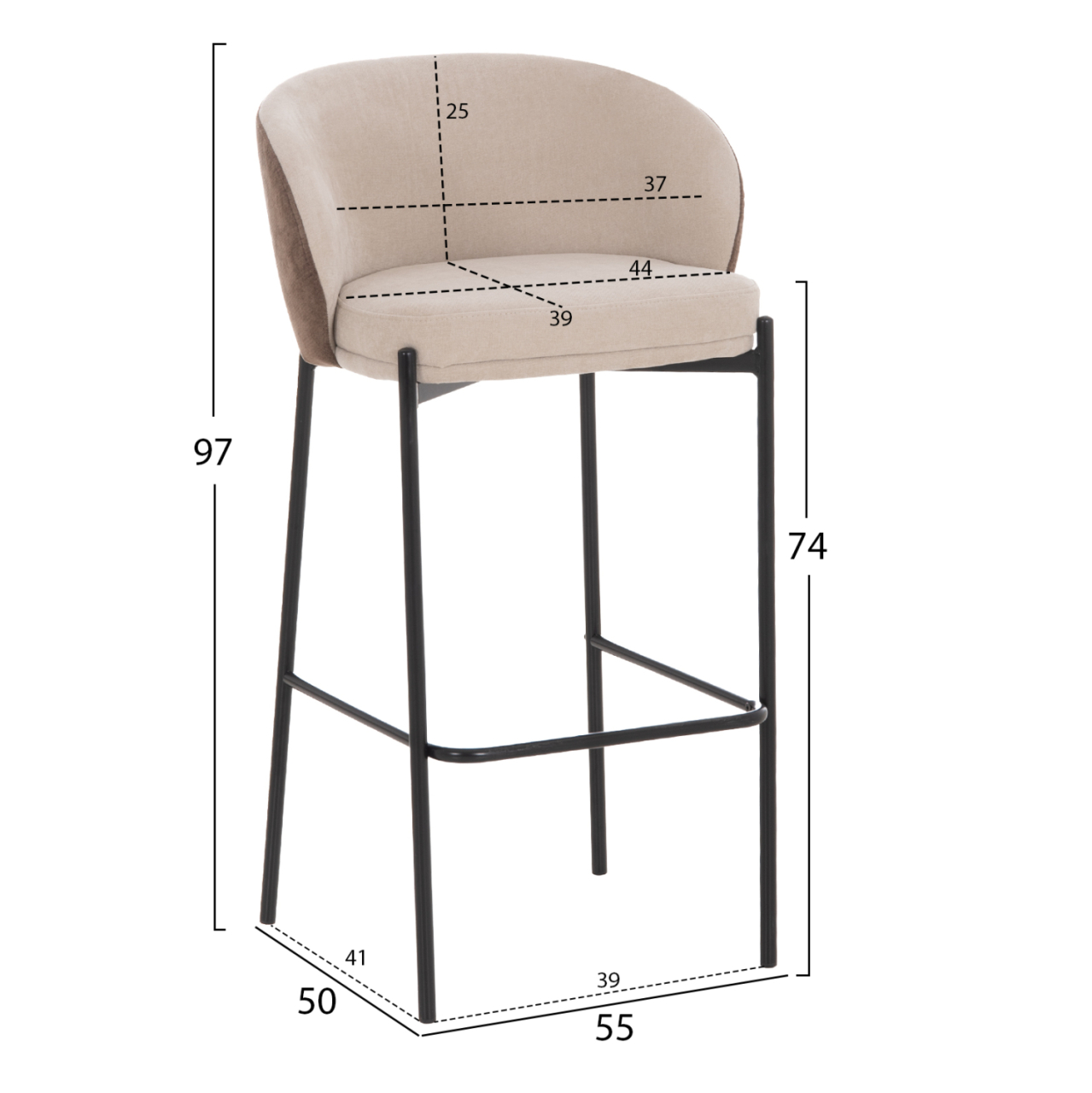 BAR STOOL DETTON HM18430.02 BEIGE/BROWN FABRIC--BLACK METAL FRAME 55x50x97Hcm. [2]