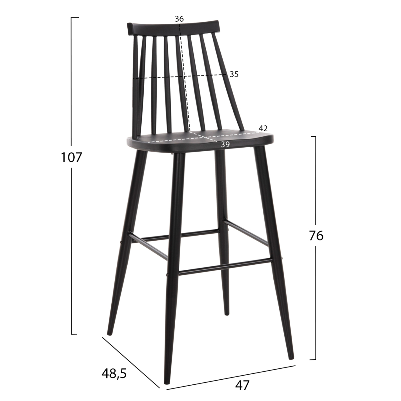 BAR STOOL HIGH SEAT VANESSA HM8459.12 BLACK PP and BLACK METAL LEGS 47x48,5x107Hcm. [2]