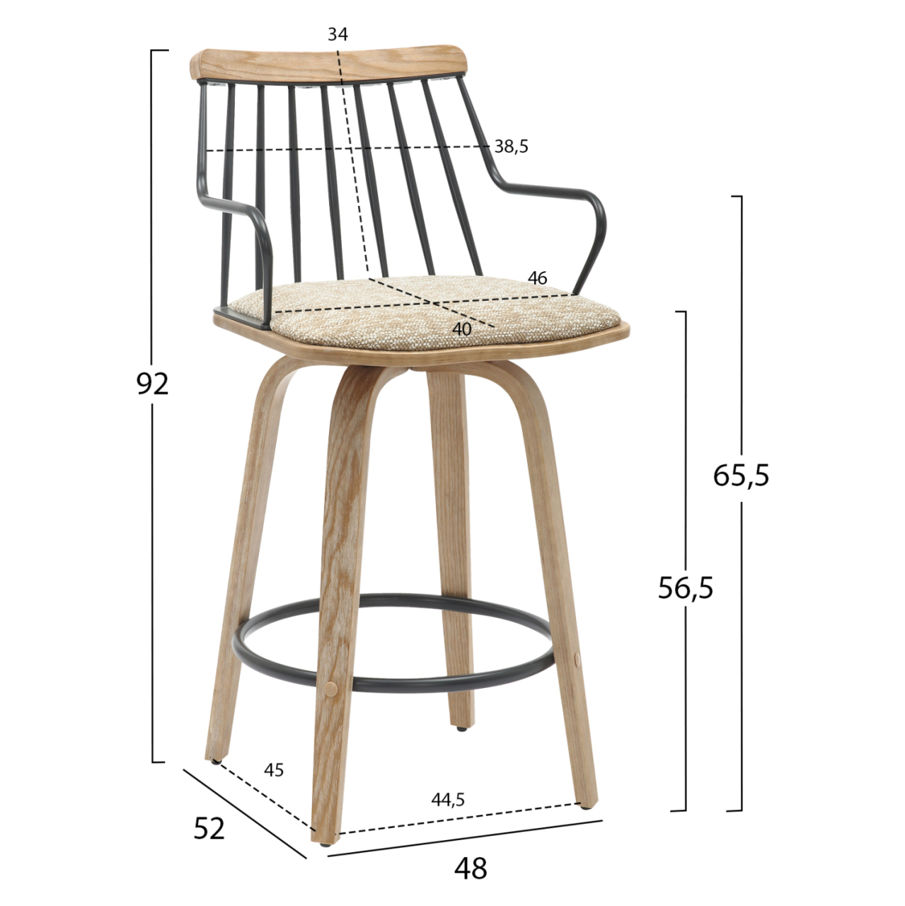 BAR STOOL JUDI HM9985.01 PLYWOOD IN WHITEWASH-BLACK METAL-BEIGE FABRIC 48x52x92Hcm. [2]