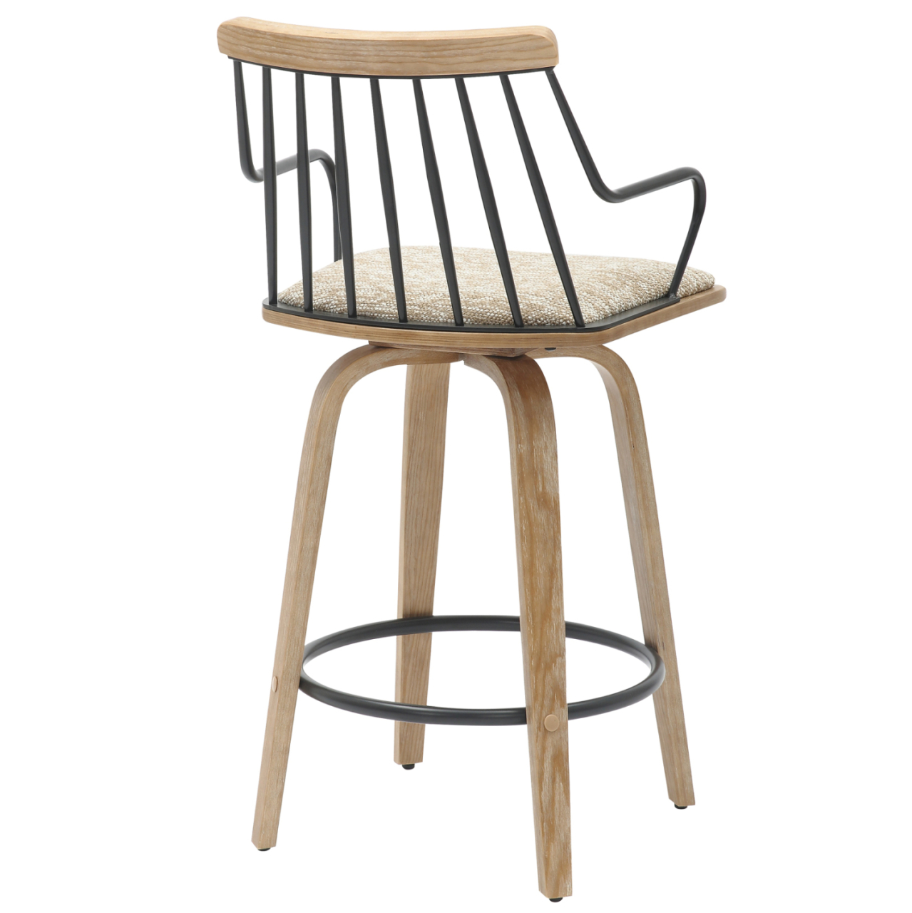 BAR STOOL JUDI HM9985.01 PLYWOOD IN WHITEWASH-BLACK METAL-BEIGE FABRIC 48x52x92Hcm. [5]