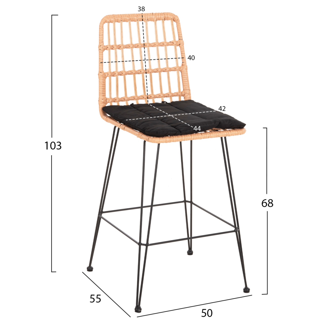 BAR STOOL MED.HEIGHT ALLEGRA HM5643.11 METALandCUSHION BLACK-WICKER BEIGE 50x55x103Hcm. [2]