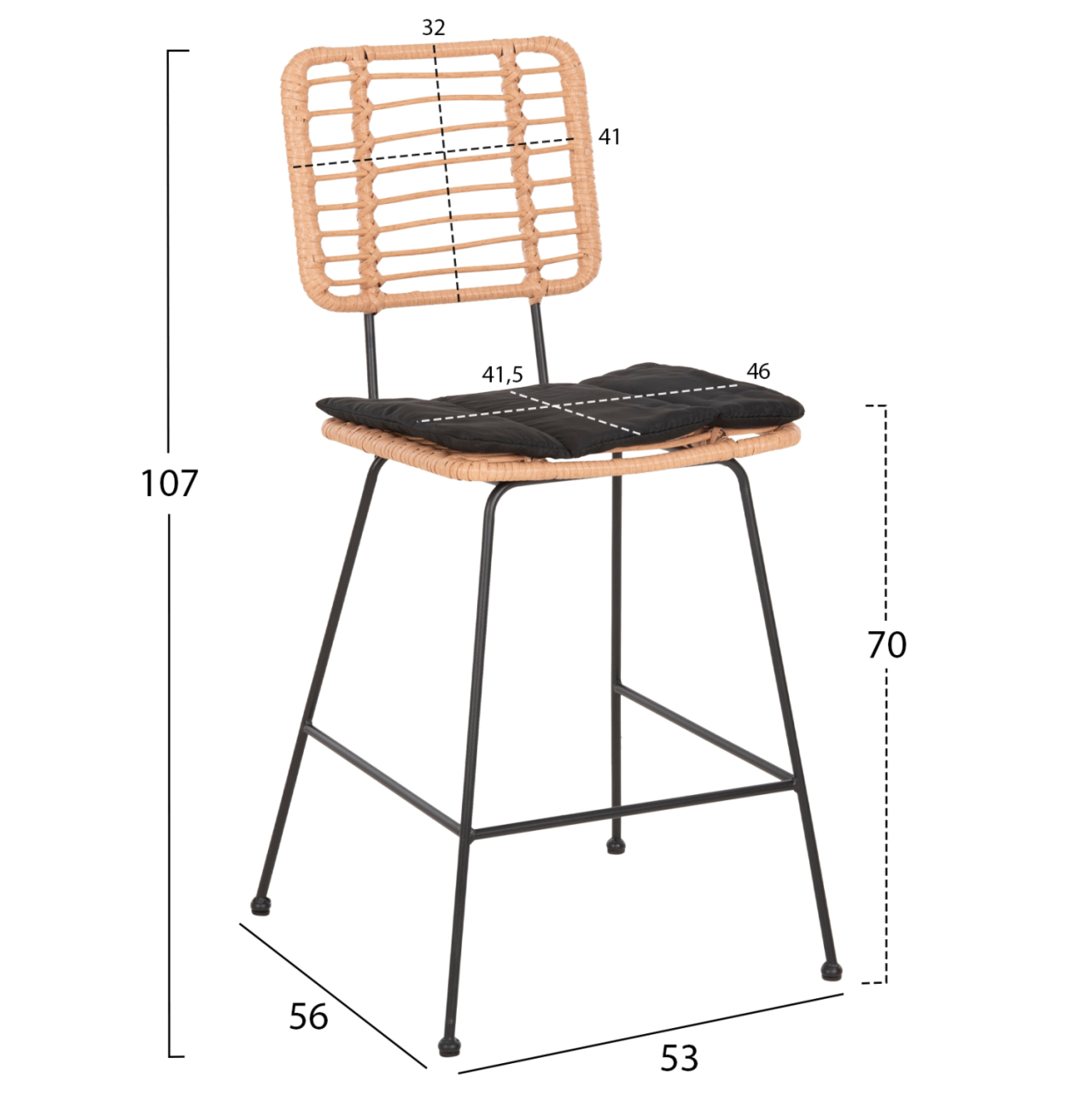 BAR STOOL MED.HEIGHT ALLEGRA HM5644.11 METALandCUSHION BLACK-WICKER BEIGE 53x56x107Hcm. [2]