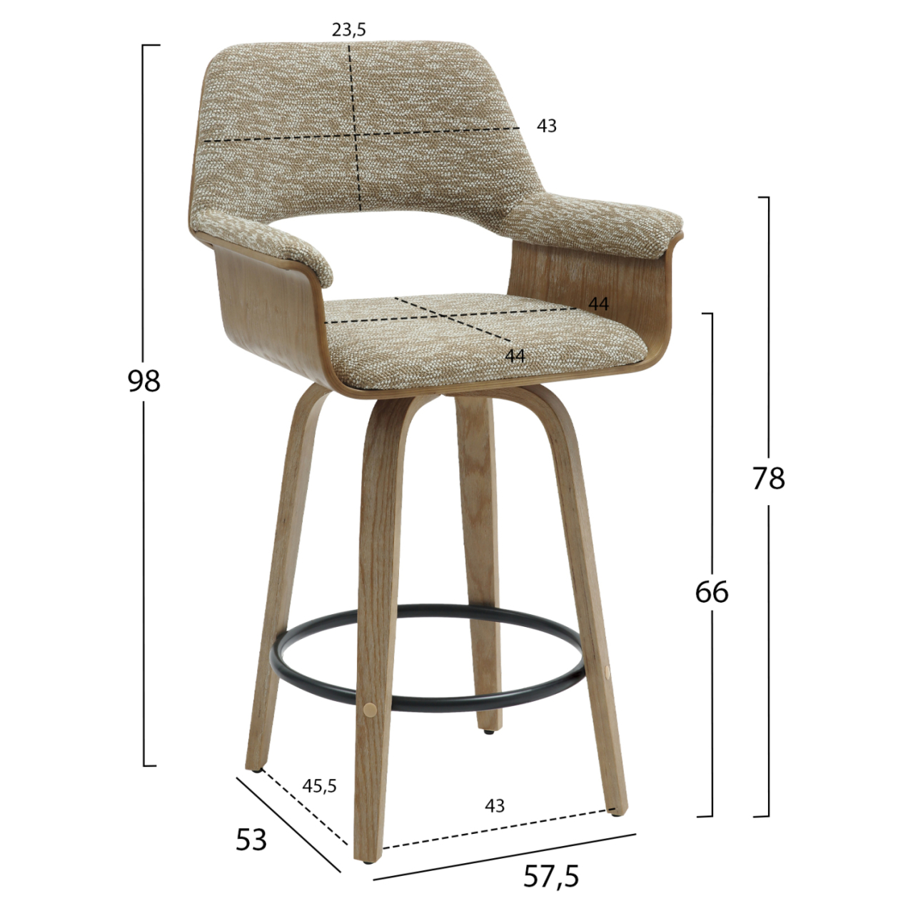 BAR STOOL MED.HEIGHT CLIPP HM9987.01 WHITEWASH PLYWOOD-BEIGE FABRIC 57,5x53x98Hcm. [2]