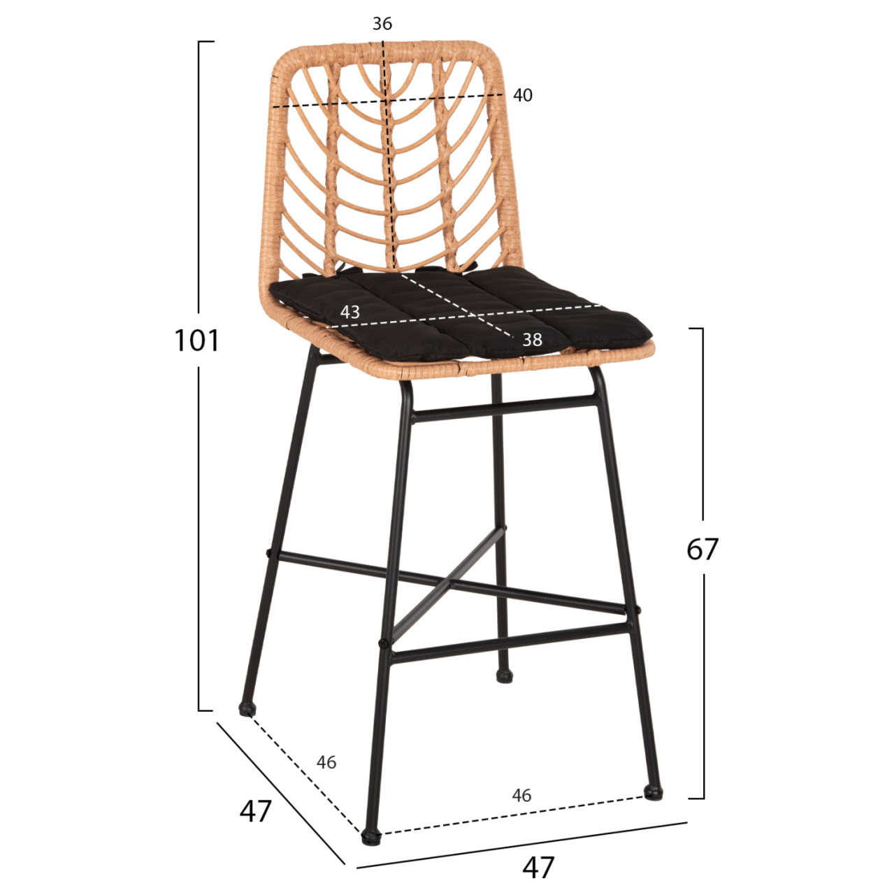 BAR STOOL MED.HEIGHT GERALD HM5707.11 METALandCUSHION IN BLACK-WICKER IN BEIGE 47x47x101Hcm. [2]
