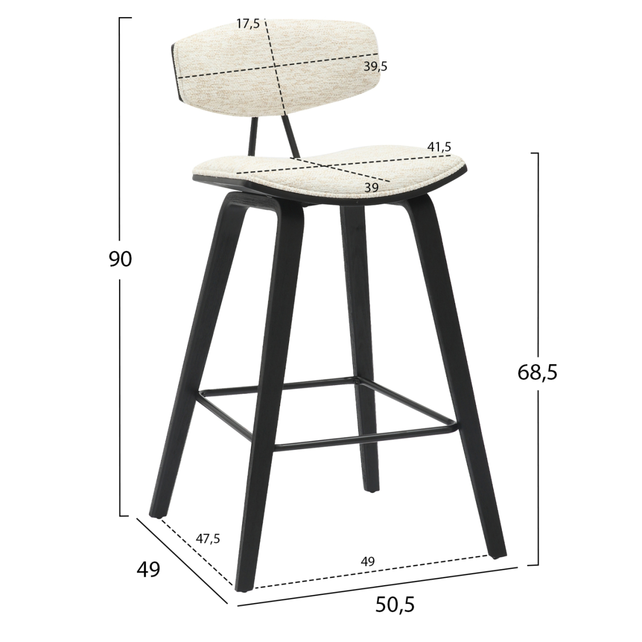 BAR STOOL MED.HEIGHT INOVER HM9984.02 METAL and PLYWOOD-ECRU FABRIC 50,5x49x90Hcm. [2]