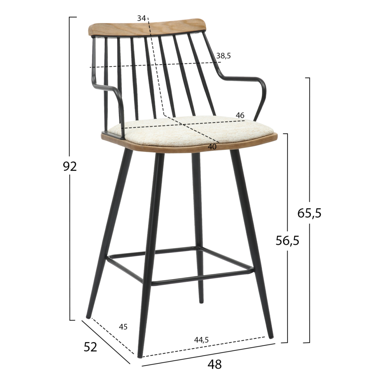 BAR STOOL MED.HEIGHT JUDI HM9985.02 BLACK METAL-ECRU FABRIC 48x52x92Hcm. [2]