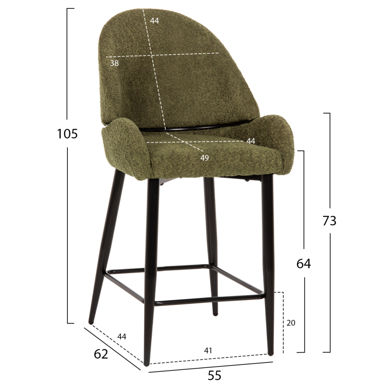 BAR STOOL MEDIUM HEIGHT ΗΜ8586.03 GREΕΝ BOUCLE FABRIC-BLACK METAL LEGS 55x62x105H cm [2]