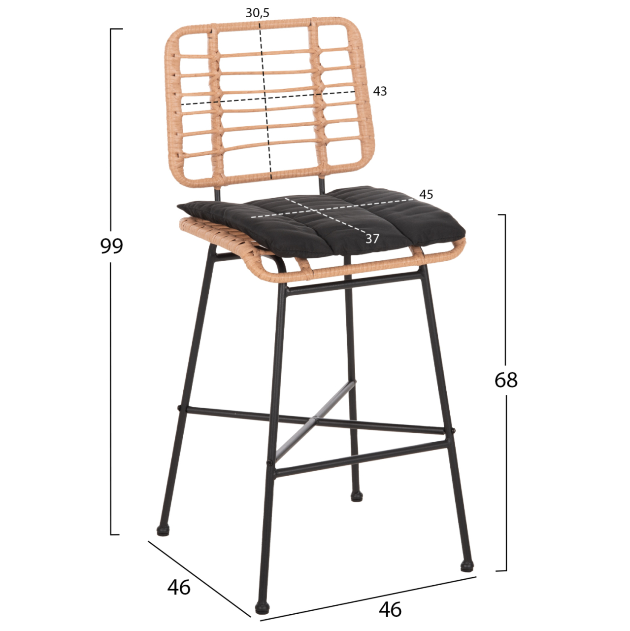 BAR STOOL MEDIUM HEIGHT ALLEGRA HM5709.11 METALandCUSHION BLACK-WICKER BEIGE 46x46x99Hcm. [2]