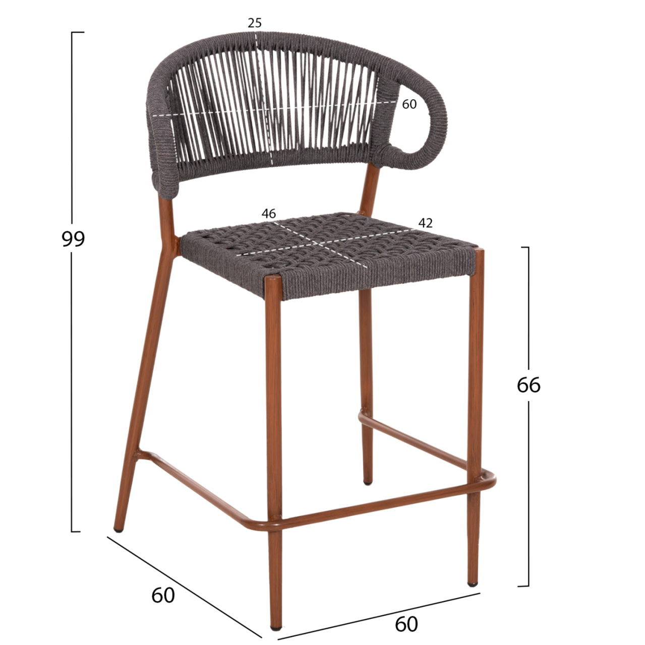 BAR STOOL MEDIUM HEIGHT EULO HM6087.01 ALUMINUM IN WALNUT-SYNTHETIC RATTAN IN GREY 60x60x99Hcm. [2]