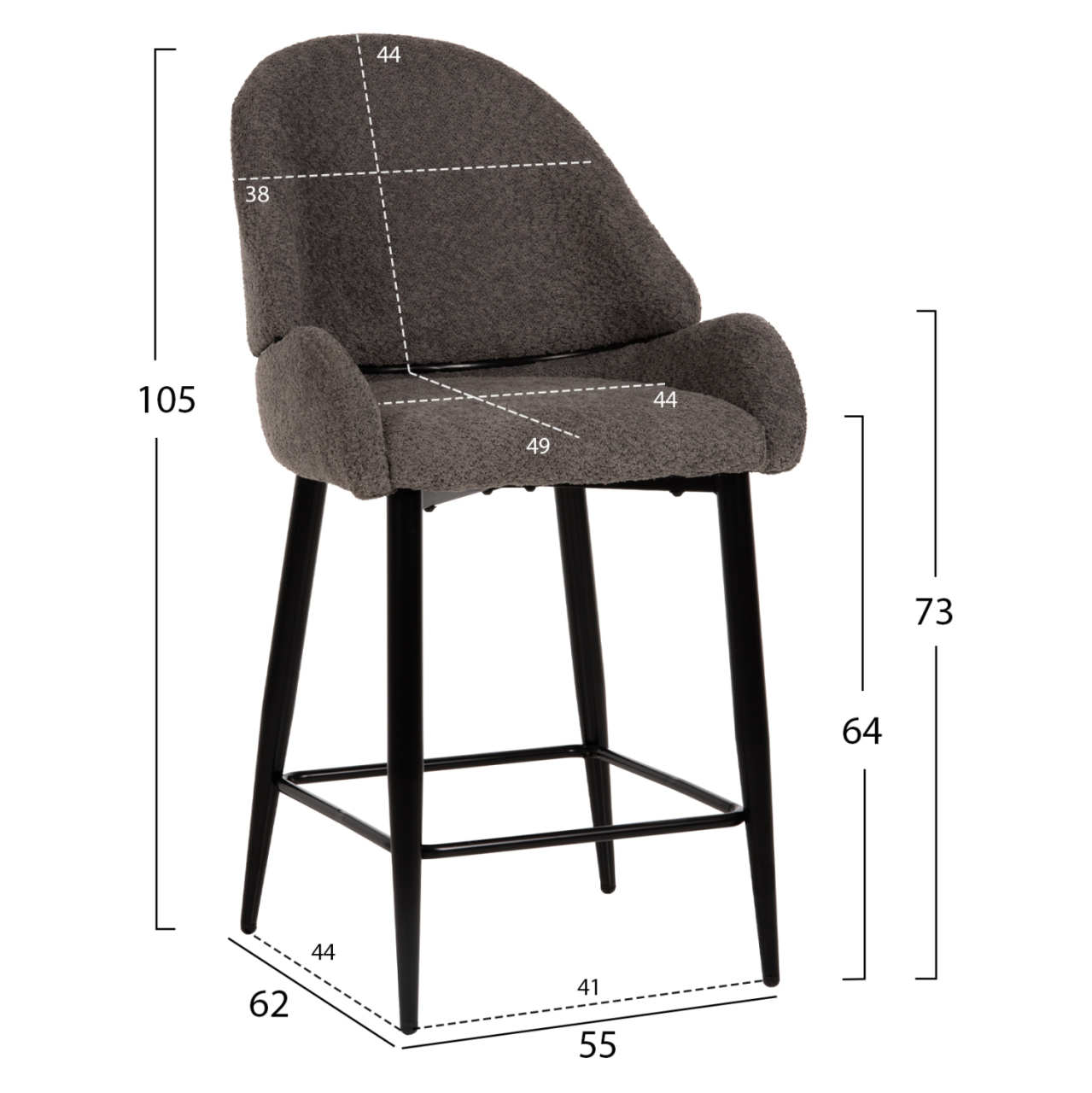 BAR STOOL MEDIUM HEIGHT HM8586.01 GREY BOUCLE FABRIC-BLACK METAL LEGS 55x62x105H cm. [2]